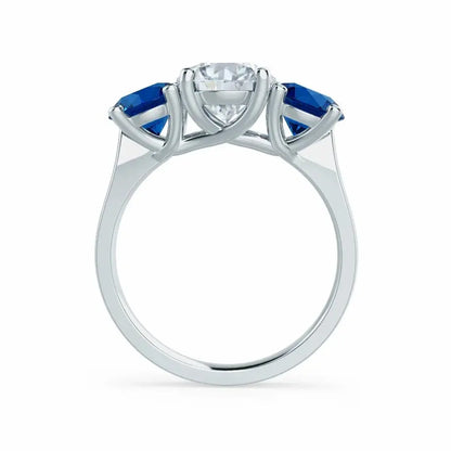 Round & Sapphire 3 Stone Set White Gold Trilogy Ring - cushionblue