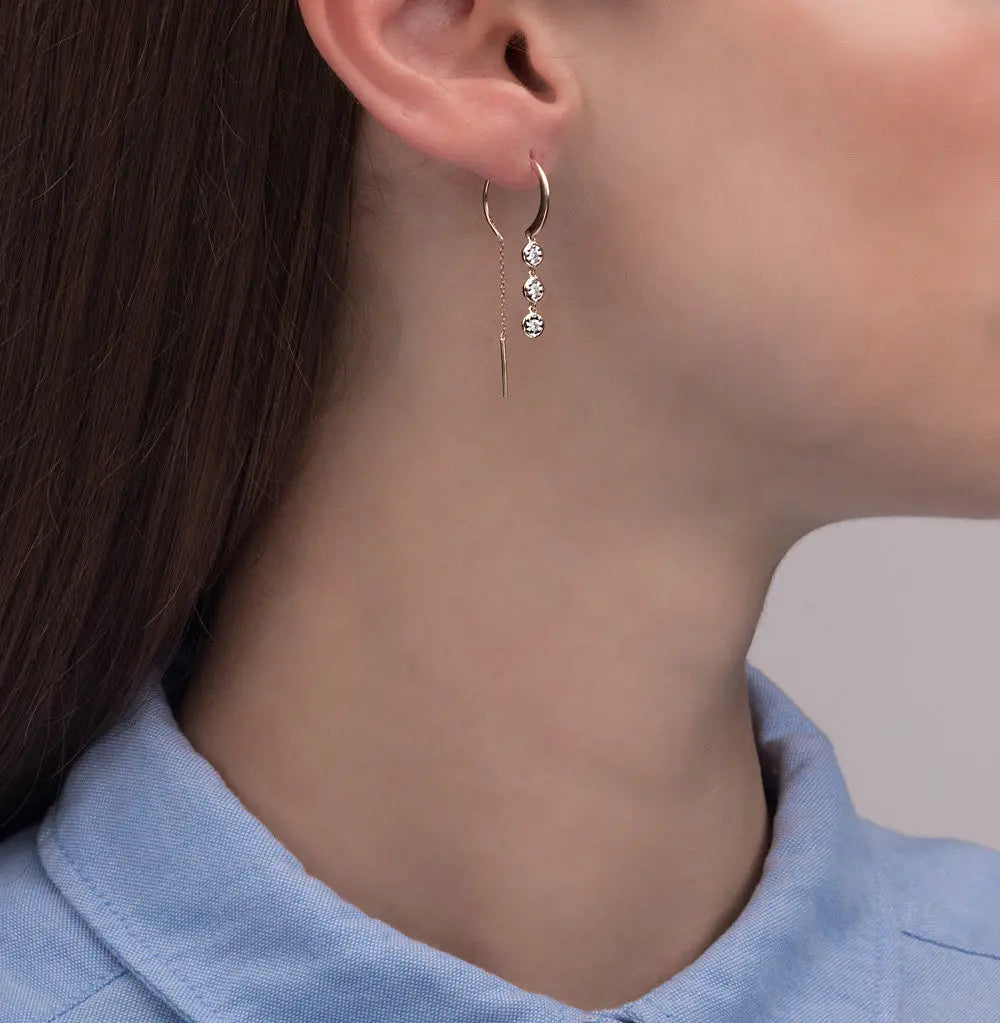 Rose Gold string earrings with Round cut diamonds(0.16ct) - cushionblue