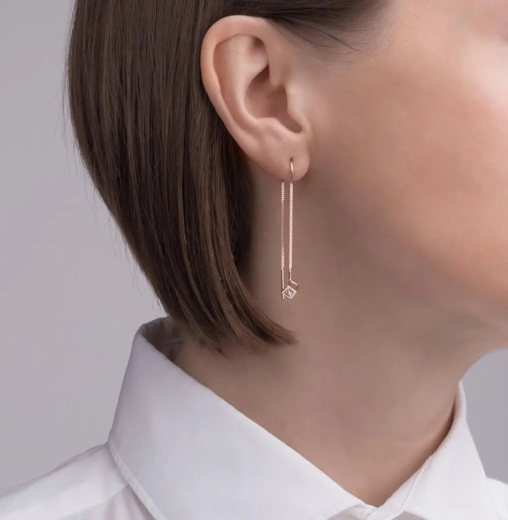 Diamond inside the Cube Rose Gold String Earrings - cushionblue