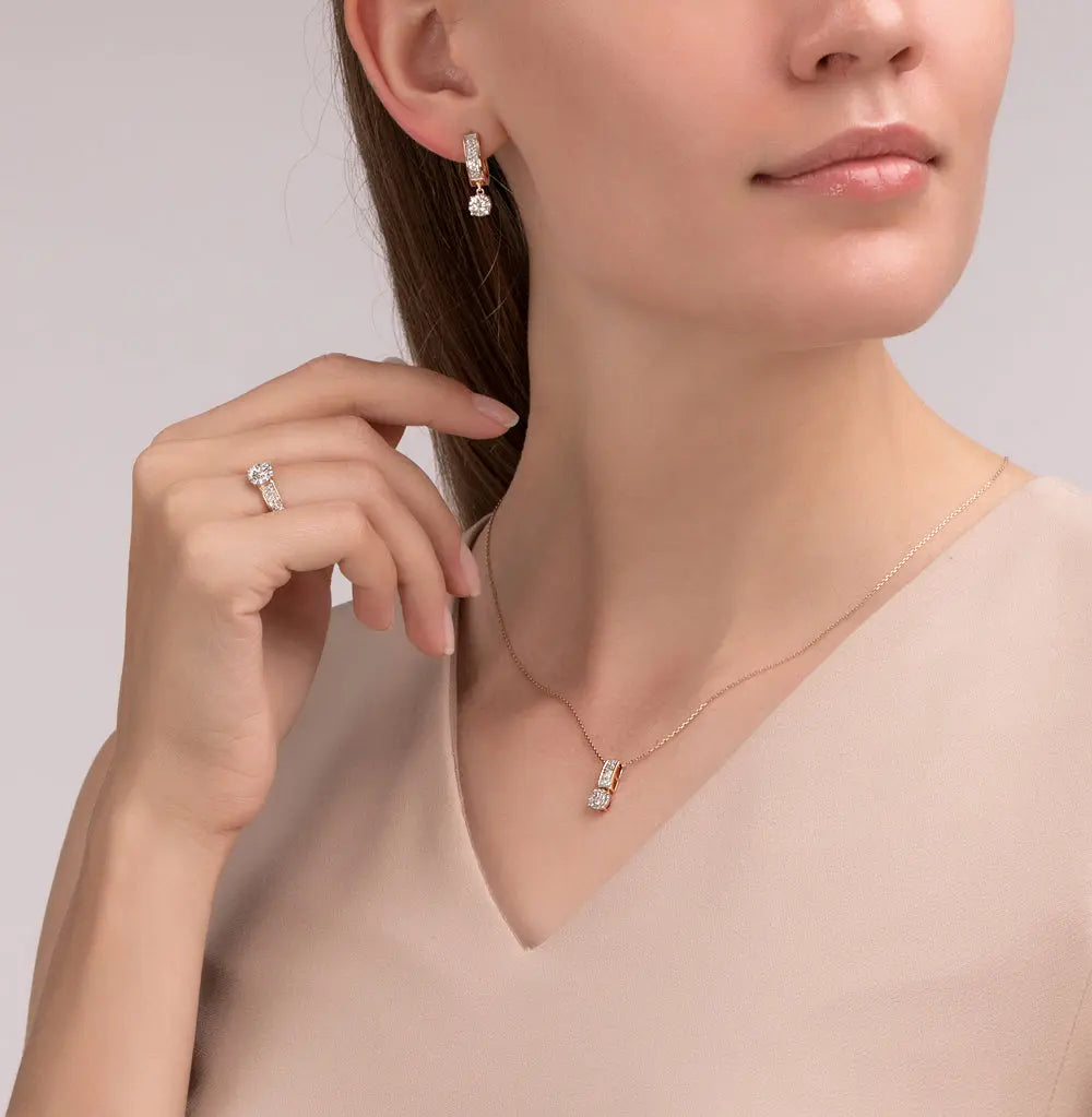 Rose Gold Stick and Round pendant necklace with diamonds - cushionblue