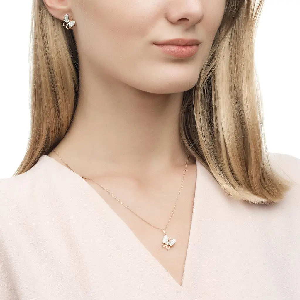 Diamonds with Rose Gold Butterfly pendant necklace - cushionblue