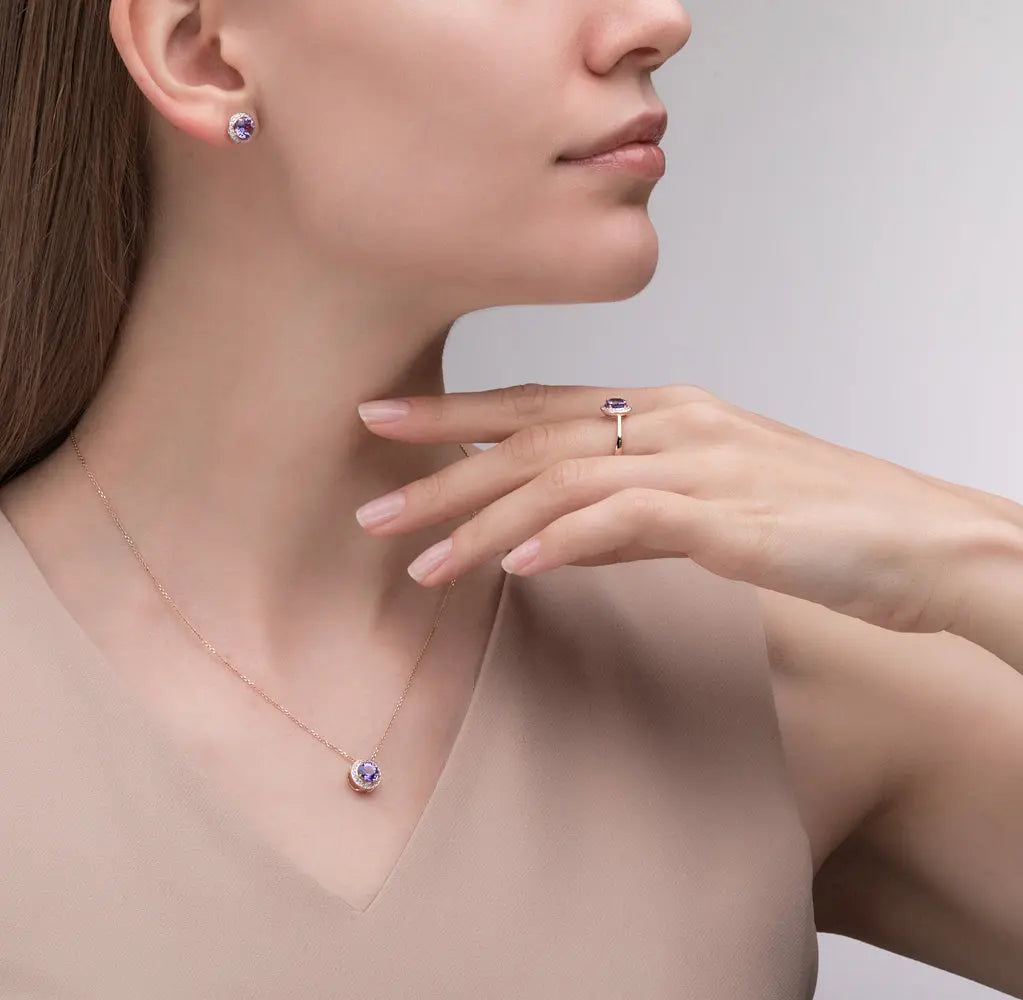 Rose Gold Studs with screws earrings with Round cut tanzanite and diamonds Cushionblue