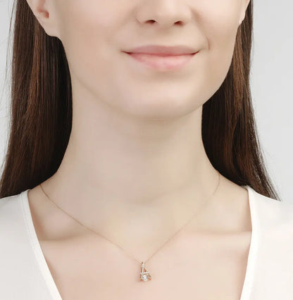 Round cut diamond with Rose Gold Tower Shape pendant necklace - cushionblue