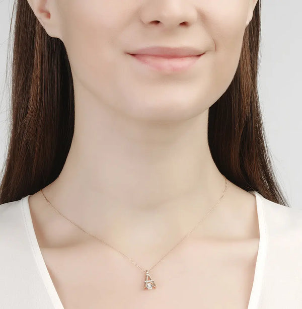 Round cut diamond with Rose Gold Tower Shape pendant necklace - cushionblue