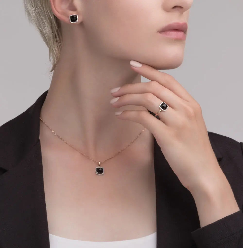 Rose Gold Studs with screws earrings with Black onyx and diamonds Cushionblue