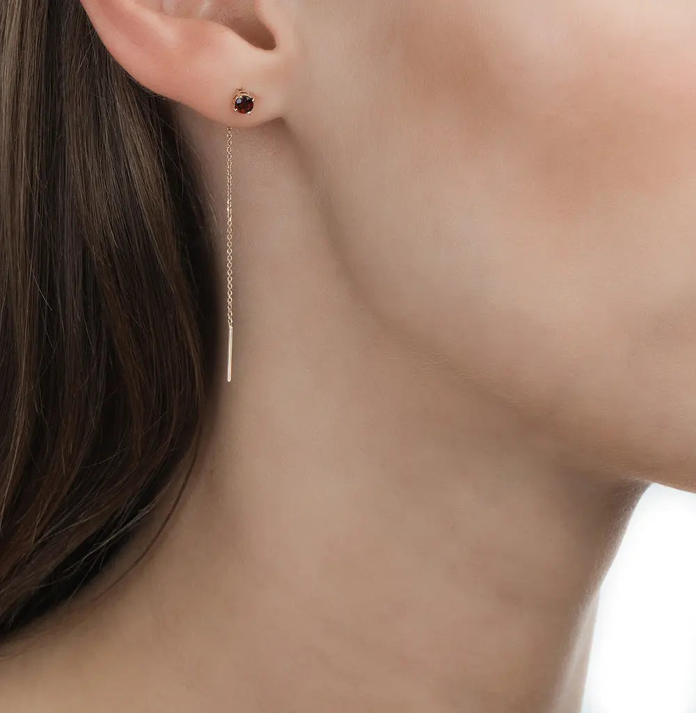 Rose Gold String earrings with Red Garnet - cushionblue