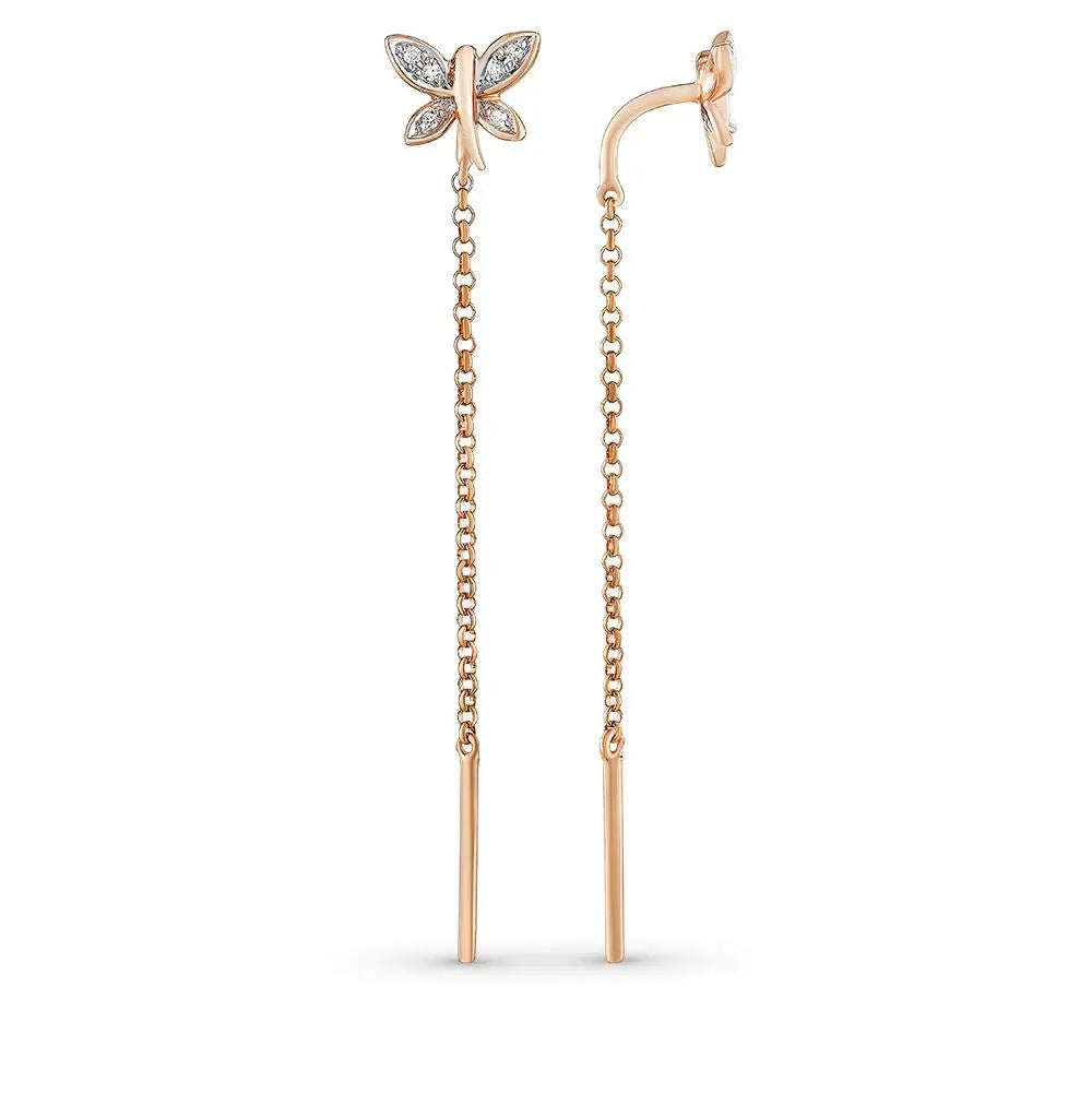 Rose Gold Butterfly string earrings with diamonds - cushionblue