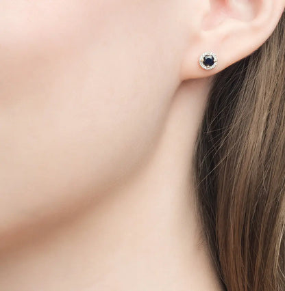 Rose Gold Studs with screws earrings with Round cut sapphires and diamonds Cushionblue