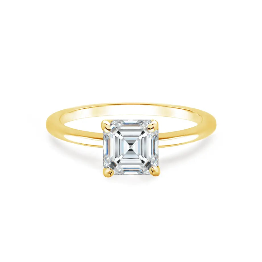 Asscher Cut Yellow Gold Petite Pavé Plain Mount Solitaire Ring - cushionblue