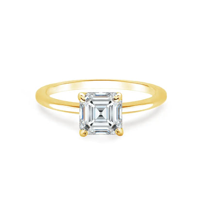 Asscher Cut Yellow Gold Petite Pavé Plain Mount Solitaire Ring - cushionblue