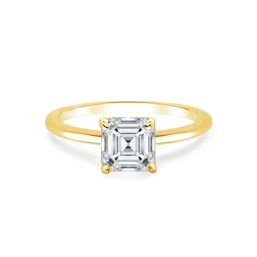 Asscher Cut Yellow Gold Petite Pavé Plain Mount Solitaire Ring - cushionblue