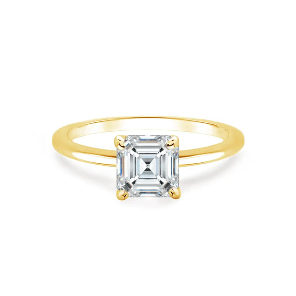 Asscher Cut Yellow Gold Petite Pavé Plain Mount Solitaire Ring - cushionblue