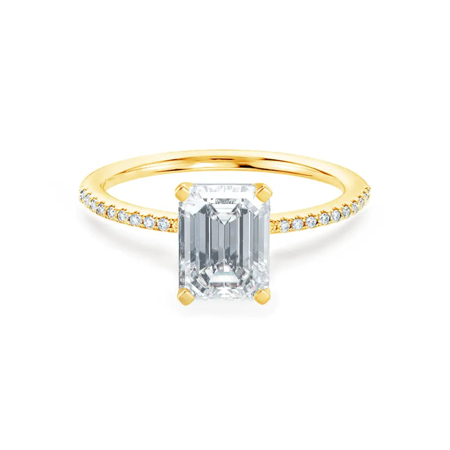 Emerald Cut Yellow Gold Petite Pavé Shoulder Set Solitaire Ring - cushionblue