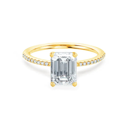 Emerald Cut Yellow Gold Petite Pavé Shoulder Set Solitaire Ring - cushionblue