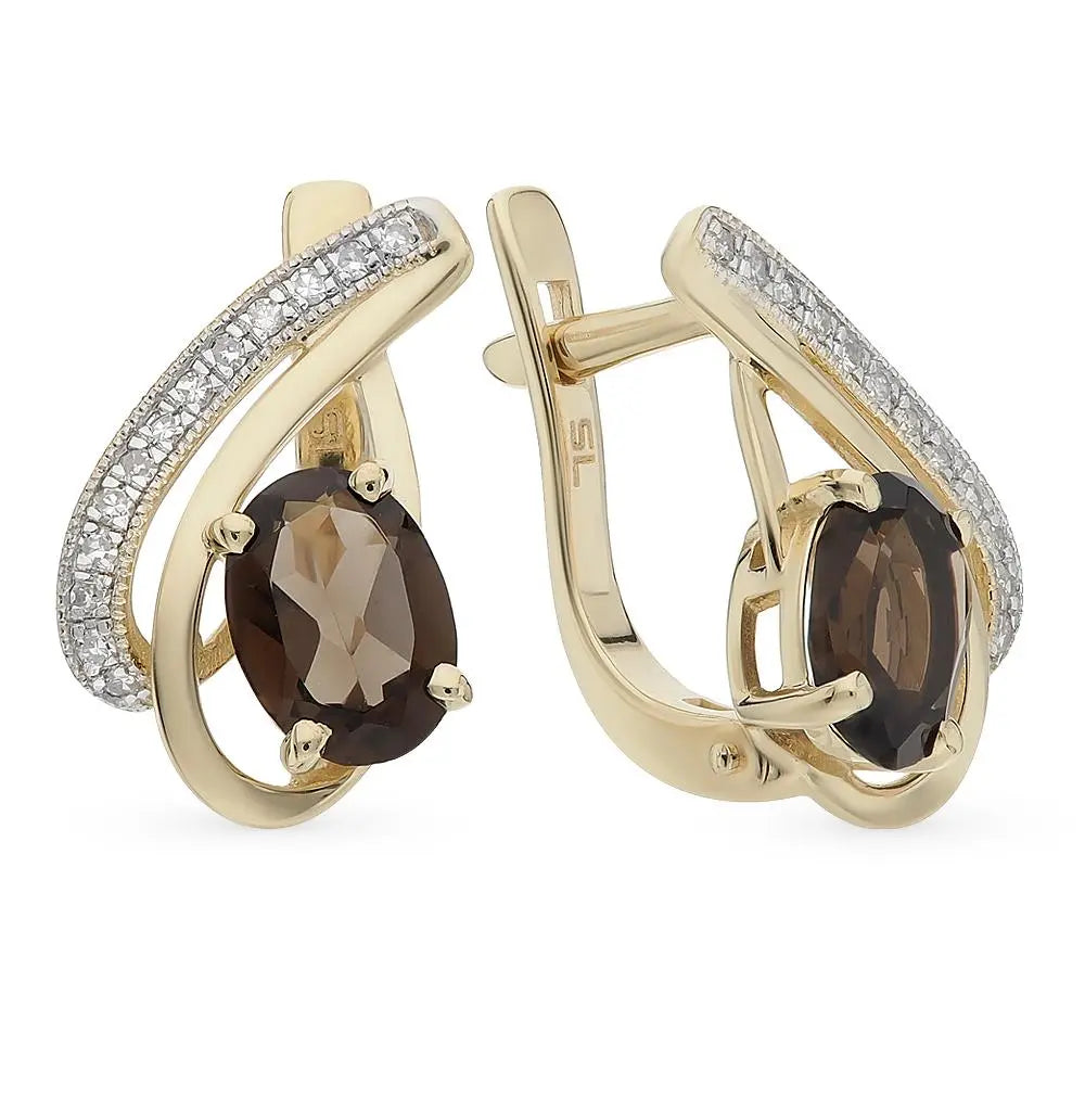 Yellow Gold Latch back earrings with Oval cut Rauchtopaz and diamonds - cushionblue