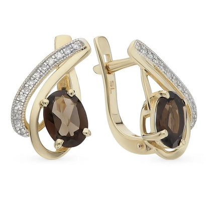 Yellow Gold Latch back earrings with Oval cut Rauchtopaz and diamonds - cushionblue