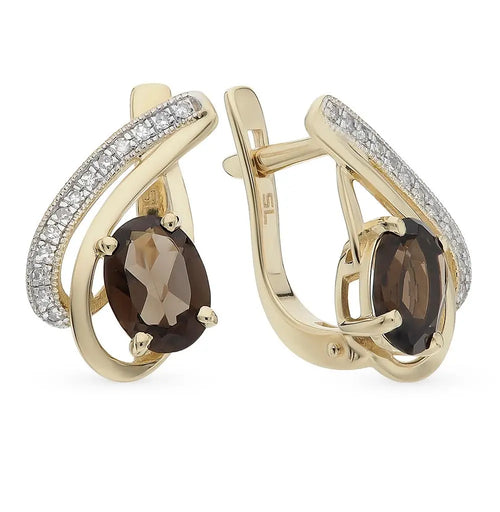 Yellow Gold Latch back earrings with Oval cut Rauchtopaz and diamonds - cushionblue