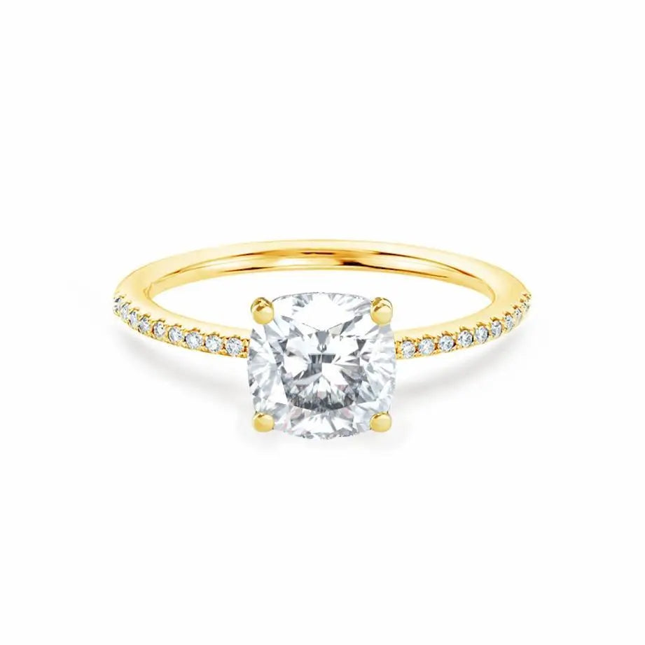 Cushion Cut Yellow Gold Petite Pavé Shoulder Set Solitaire Ring - cushionblue