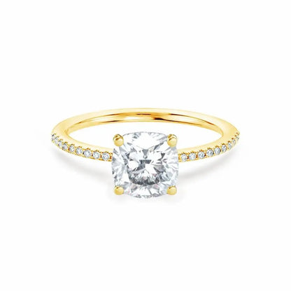 Cushion Cut Yellow Gold Petite Pavé Shoulder Set Solitaire Ring - cushionblue