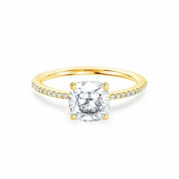 Cushion Cut Yellow Gold Petite Pavé Shoulder Set Solitaire Ring - cushionblue