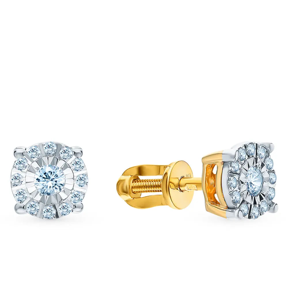 Yellow Gold Studs with screws earrings with diamonds(0.15ct, 0.13ct) Cushionblue