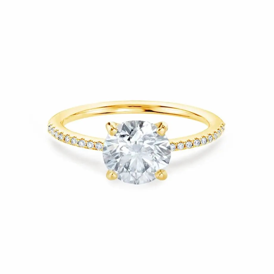 Round Cut Natural Diamond Yellow Gold Petite Pavé Shoulder Set Ring - cushionblue
