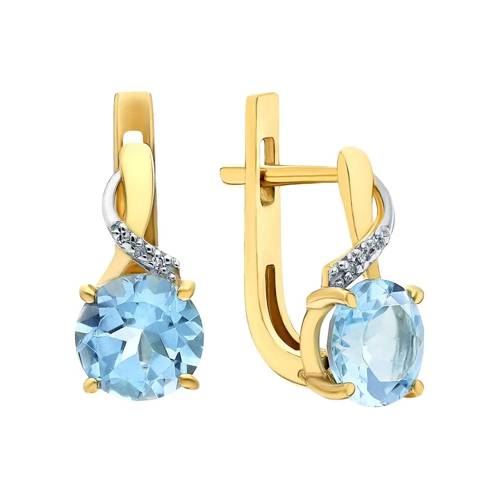 Yellow Gold Latch back earrings with Round cut Topaz and diamonds - cushionblue