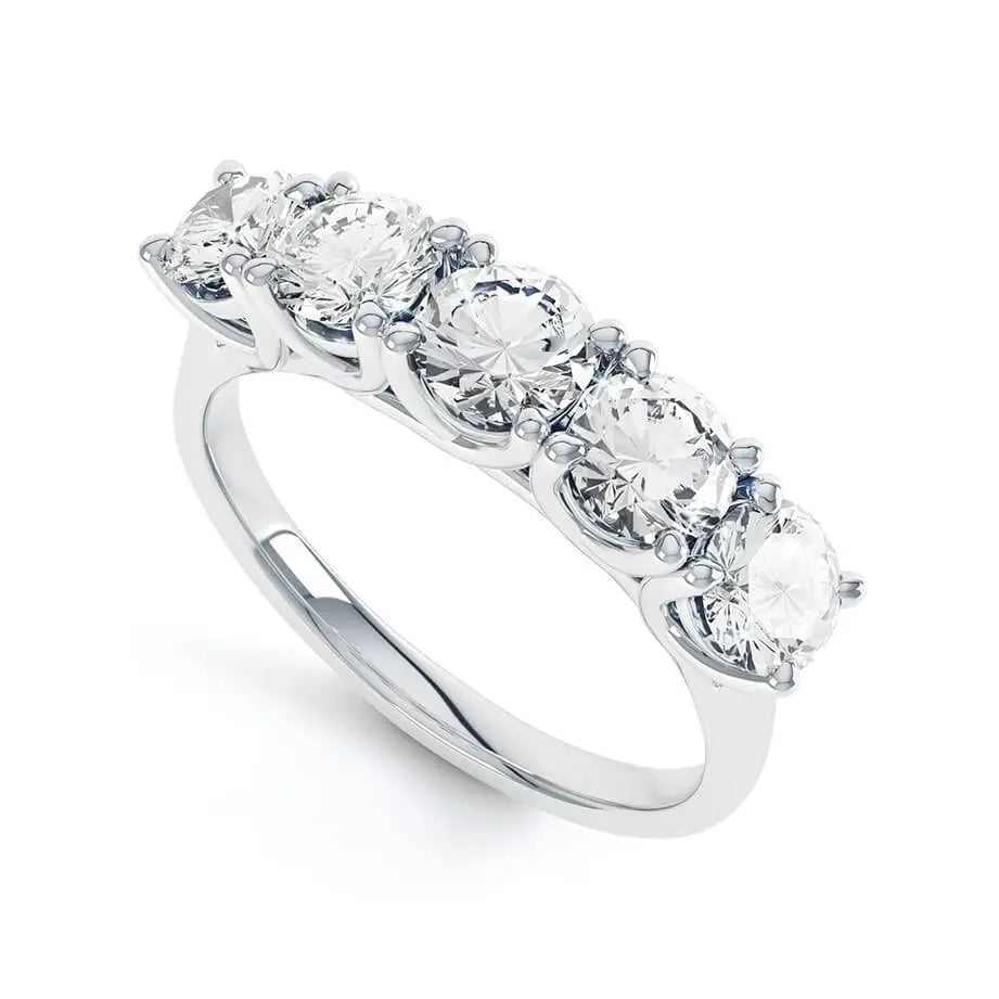 Round Brilliant Cut 5 Stone Set White Gold Trilogy Ring - cushionblue