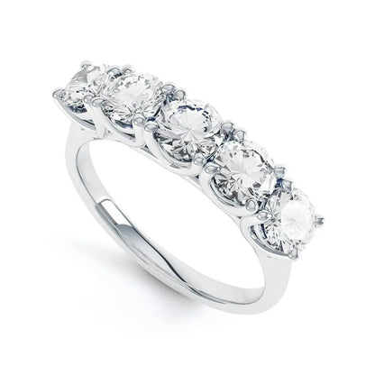 Round Brilliant Cut 5 Stone Set White Gold Trilogy Ring - cushionblue