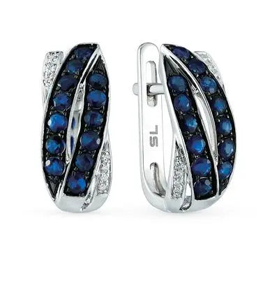 White Gold Latch back earrings with Sapphires and diamonds - cushionblue