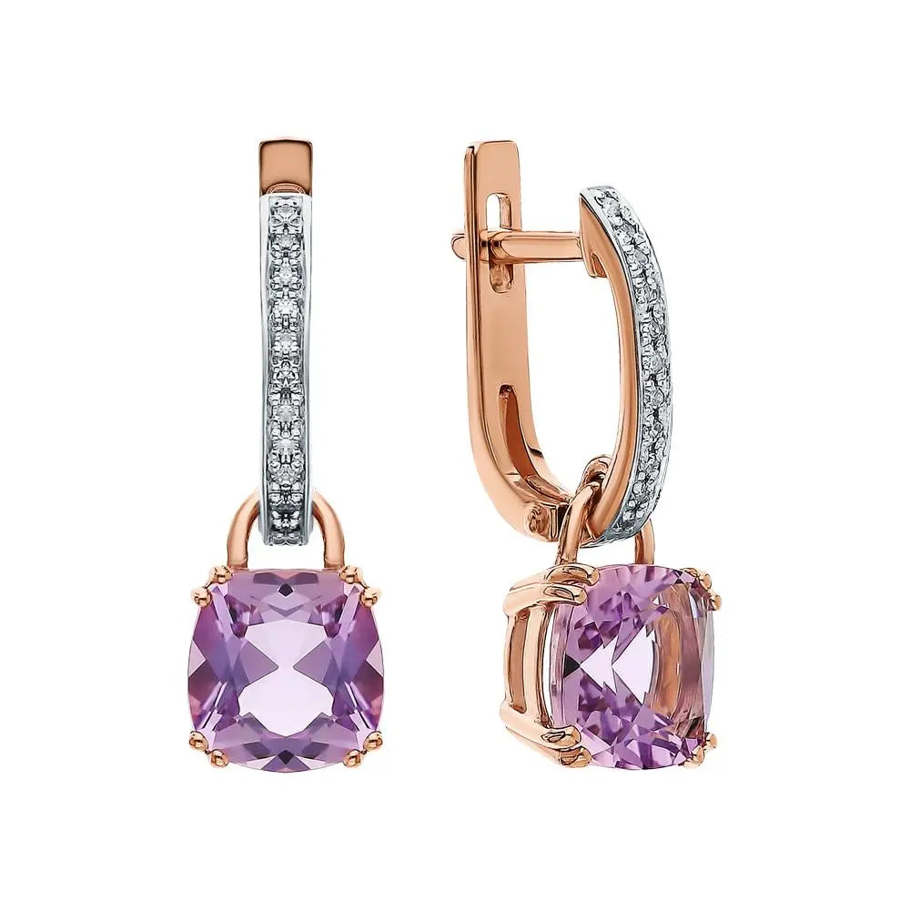Rose Gold Latch back earrings with Cushion Amethyst and diamonds - cushionblue