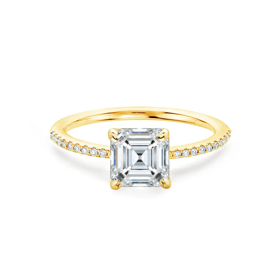 Asscher Cut Yellow Gold Petite Pavé Shoulder Set Solitaire Ring - cushionblue