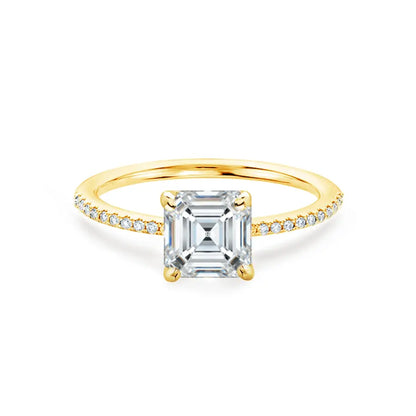 Asscher Cut Yellow Gold Petite Pavé Shoulder Set Solitaire Ring - cushionblue