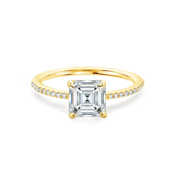 Asscher Cut Yellow Gold Petite Pavé Shoulder Set Solitaire Ring - cushionblue