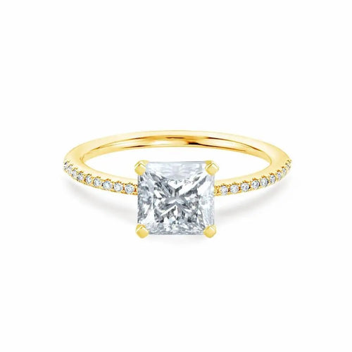 Princess Cut Yellow Gold Petite Pavé Shoulder Set Solitaire Ring - cushionblue