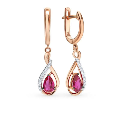 Rose Gold Latch back earrings with Synthetic Rubies and diamonds - cushionblue