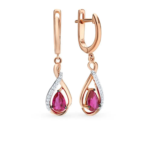 Rose Gold Latch back earrings with Synthetic Rubies and diamonds - cushionblue