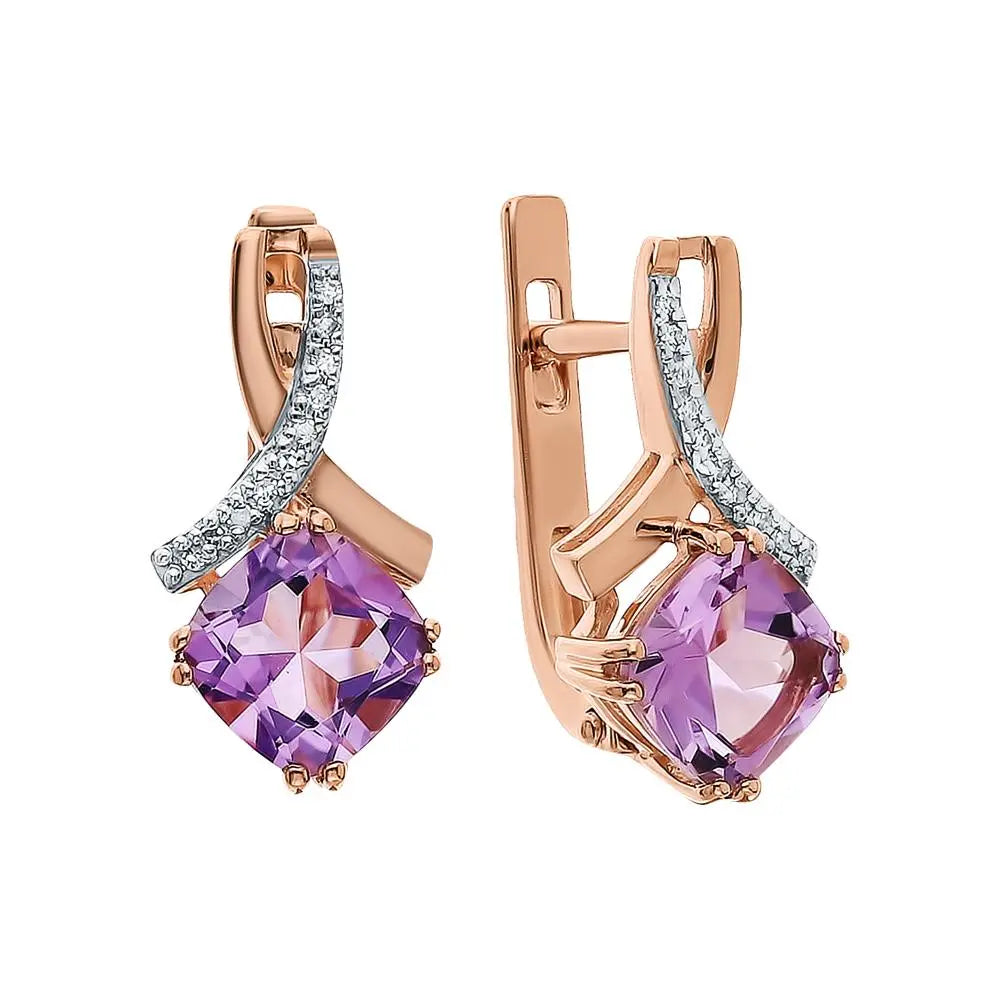Rose Gold Latch back earrings with Cushion cut Amethyst diamonds - cushionblue