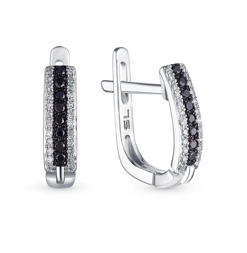 White Gold Latch back earrings with Black diamonds - cushionblue