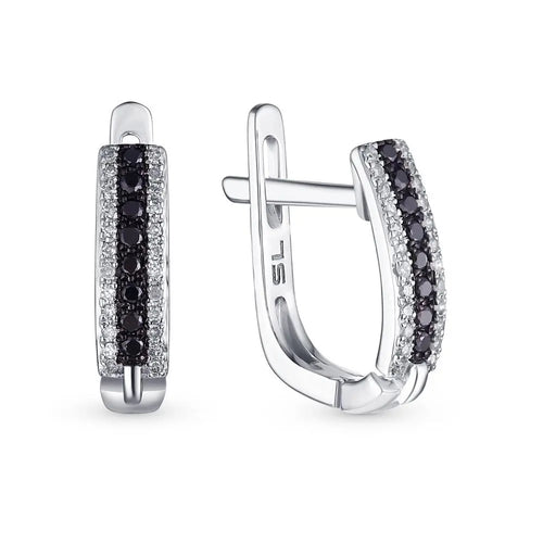 White Gold Latch back earrings with Black diamonds - cushionblue
