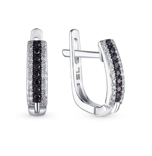 White Gold Latch back earrings with Black diamonds - cushionblue