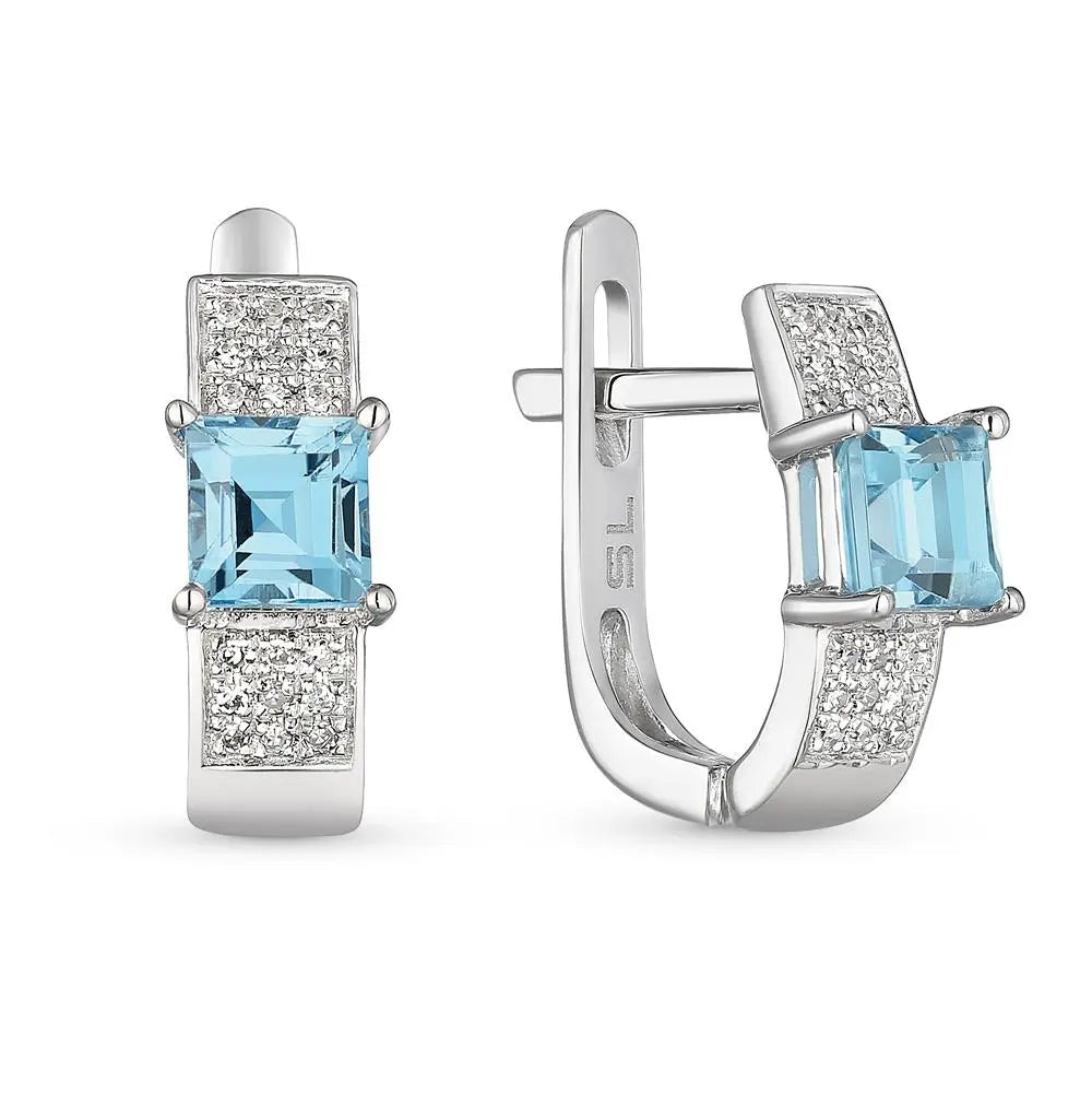 White Gold Latch back earrings with Topaz and diamonds - cushionblue