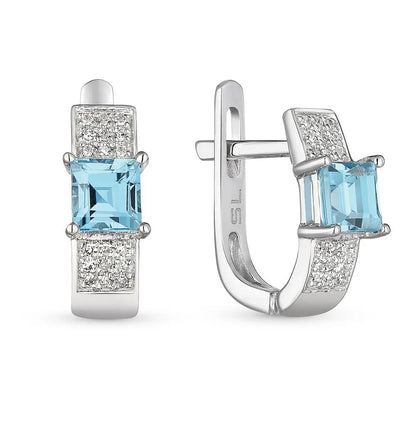 White Gold Latch back earrings with Topaz and diamonds - cushionblue