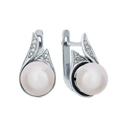White Gold Latch back earrings with Cultured pearls and diamonds - cushionblue