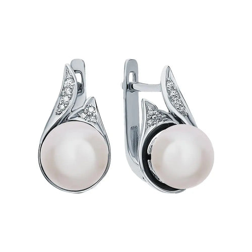 White Gold Latch back earrings with Cultured pearls and diamonds - cushionblue