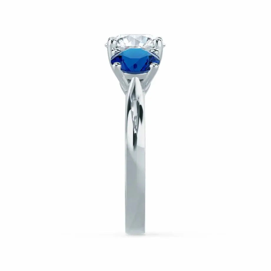Round & Sapphire 3 Stone Set White Gold Trilogy Ring - cushionblue