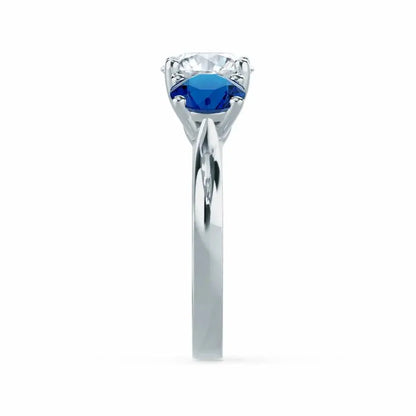 Round & Sapphire 3 Stone Set White Gold Trilogy Ring - cushionblue