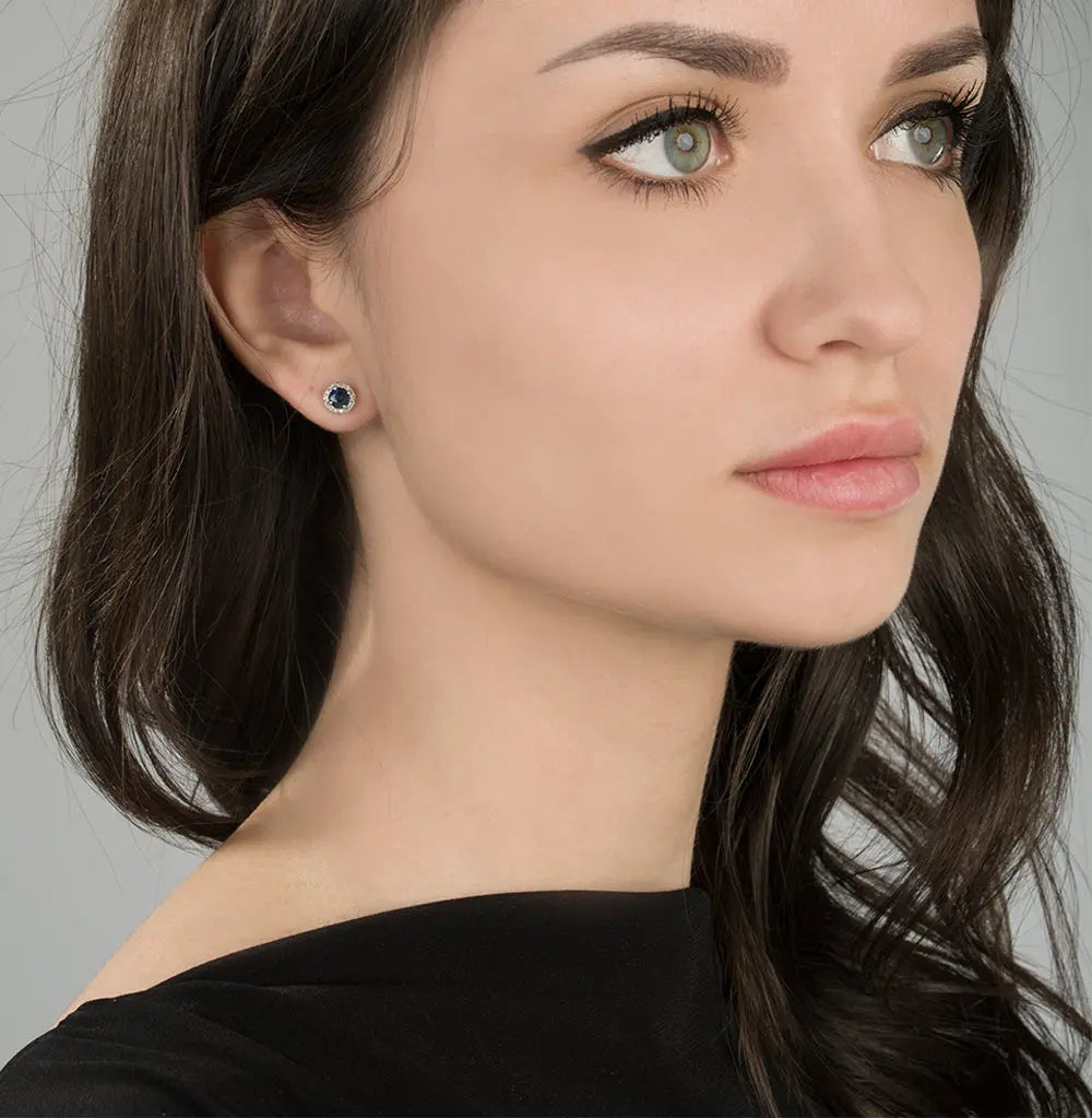 White Gold Studs with screws earrings with sapphires and diamonds Cushionblue