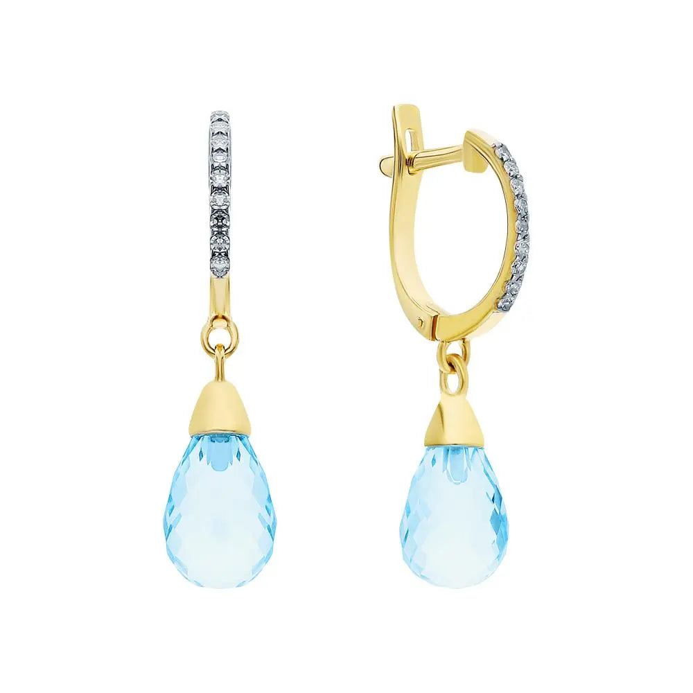 Yellow Gold Latch back earrings with Topaz and diamond - cushionblue