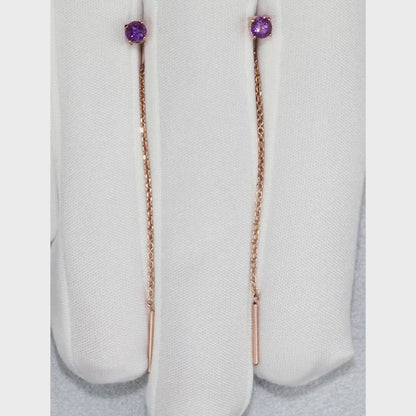 Rose Gold string earrings with Round cut amethyst